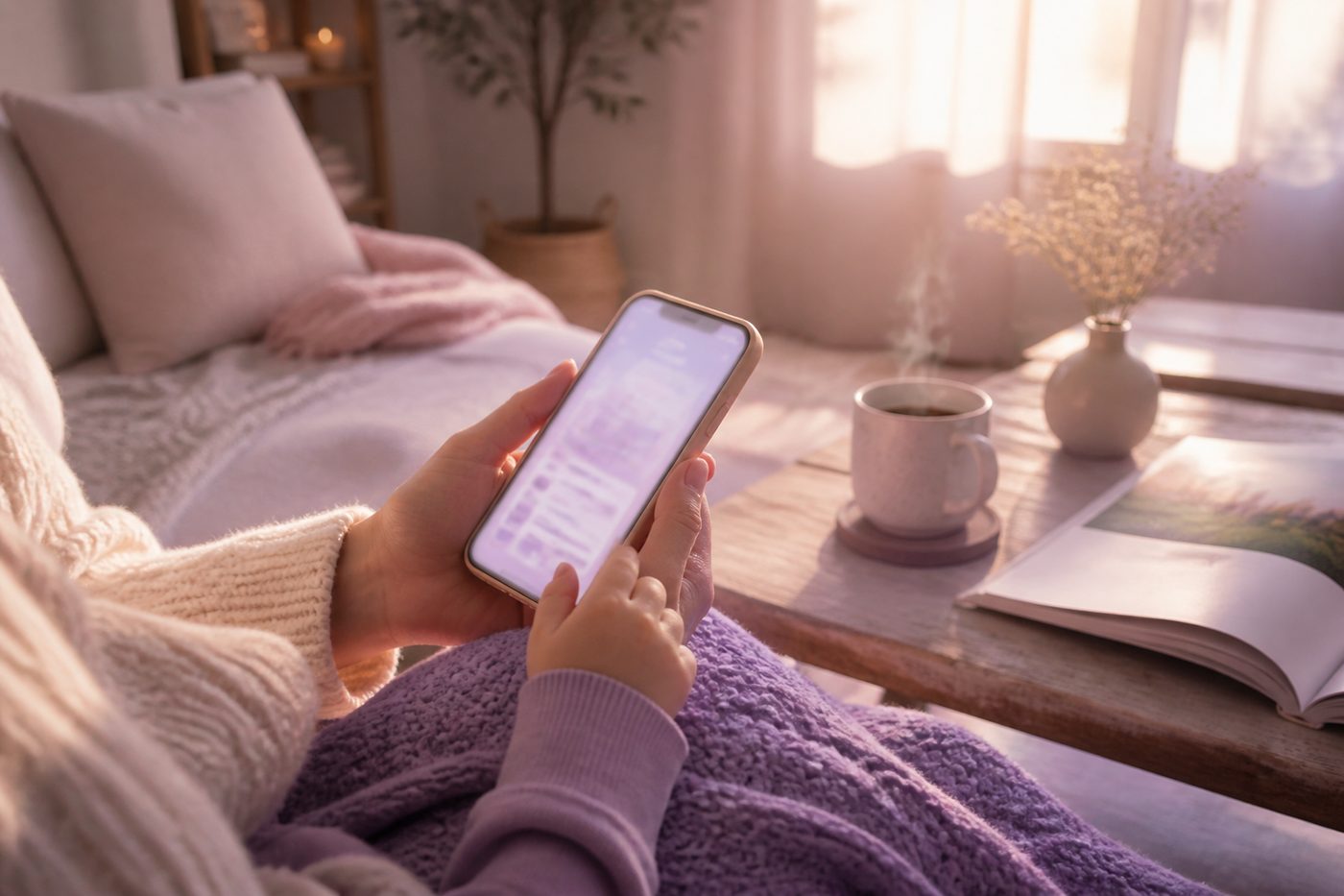 Rahulik koduhetk — telefonis pehme lilla pererakendus