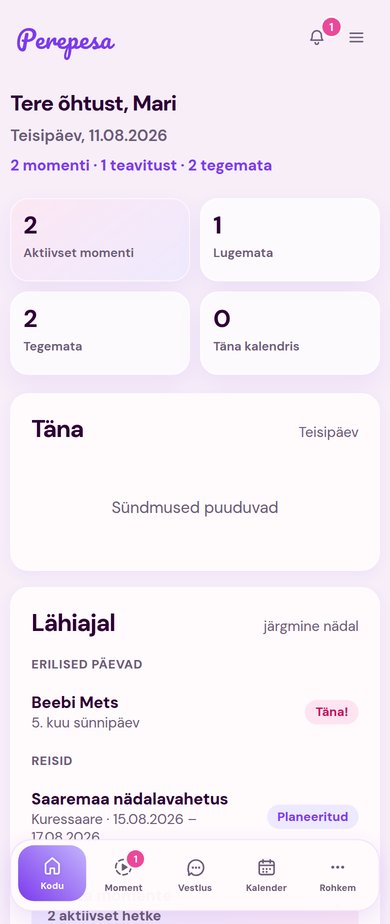 Perepesa koduvaade telefonis